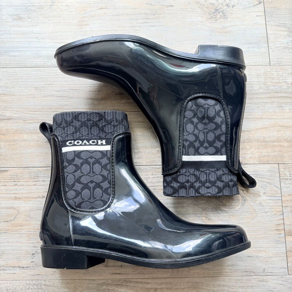 Coach Rivington Rain Boots Size 8B Black Rubber Chelsea Booties Signature C Logo